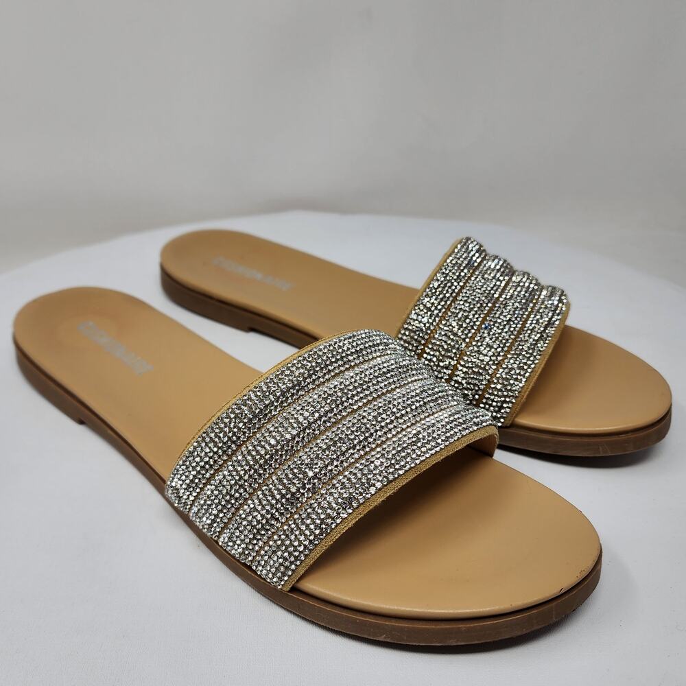 CushionAire Millie Rhinestone Slide Sandal Women 10 Silver Bling w/ Tan Insole